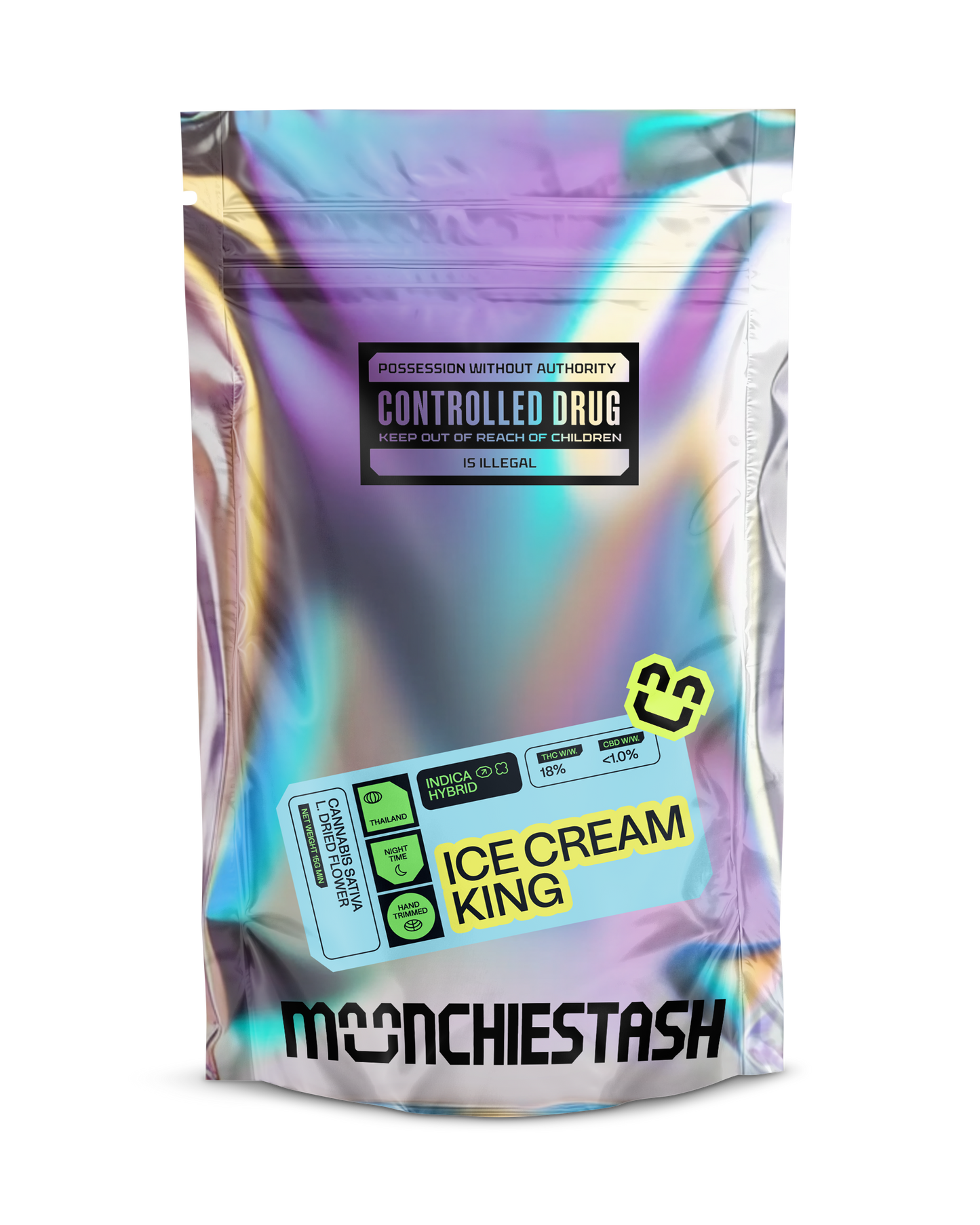 MunchieStash Ice Cream King THC 18% Flower 15g Mylar Bag