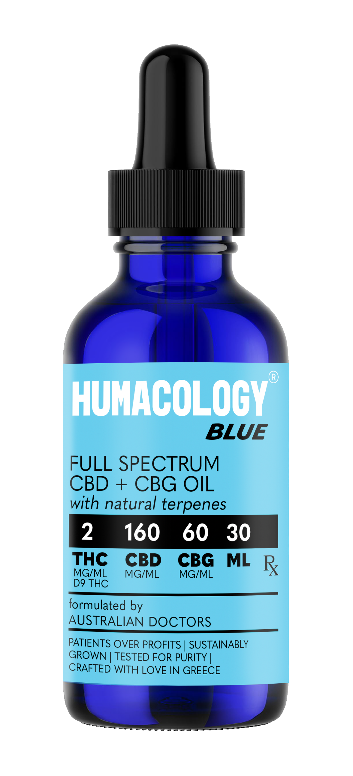 Humacology 2:160:60 Full Spectrum THC+CBD+CBG "BLUE" Oil - 30mls