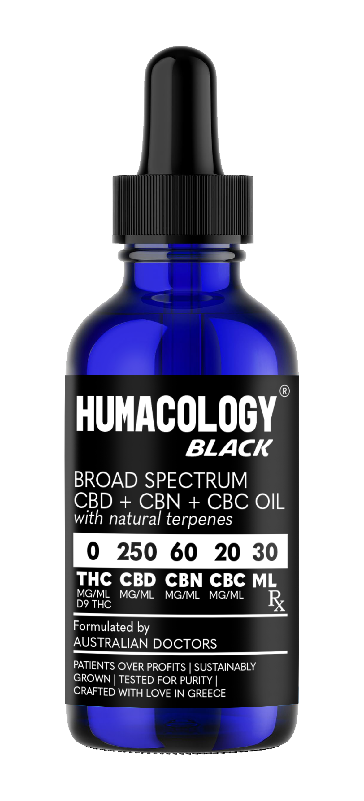 Humacology 0:250:60:20 Broad Spectrum CBD+CBN+CBC "BLACK" Oil - 30mls