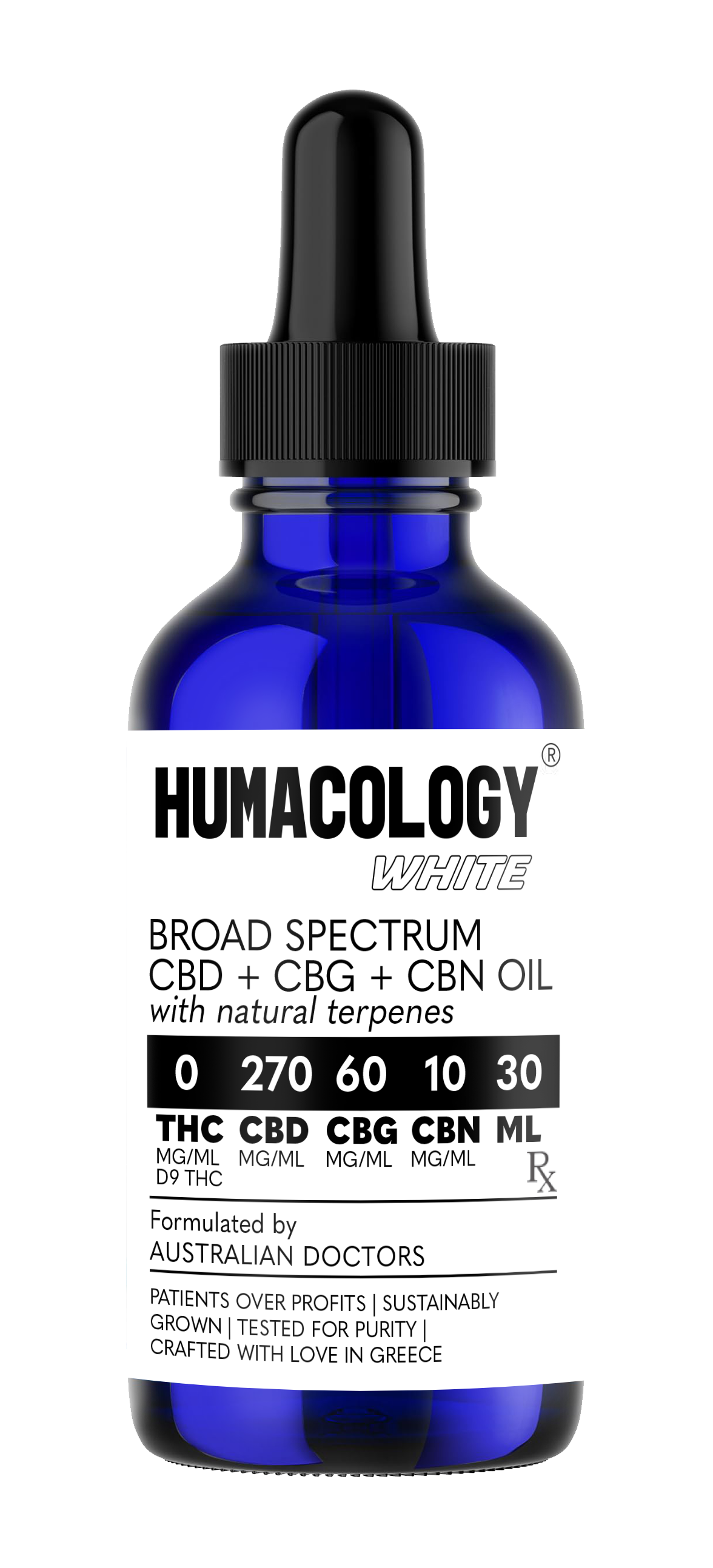 Humacology 0:270:60:10  Broad Spectrum CBD+CBG+CBN "WHITE" Oil - 30mls